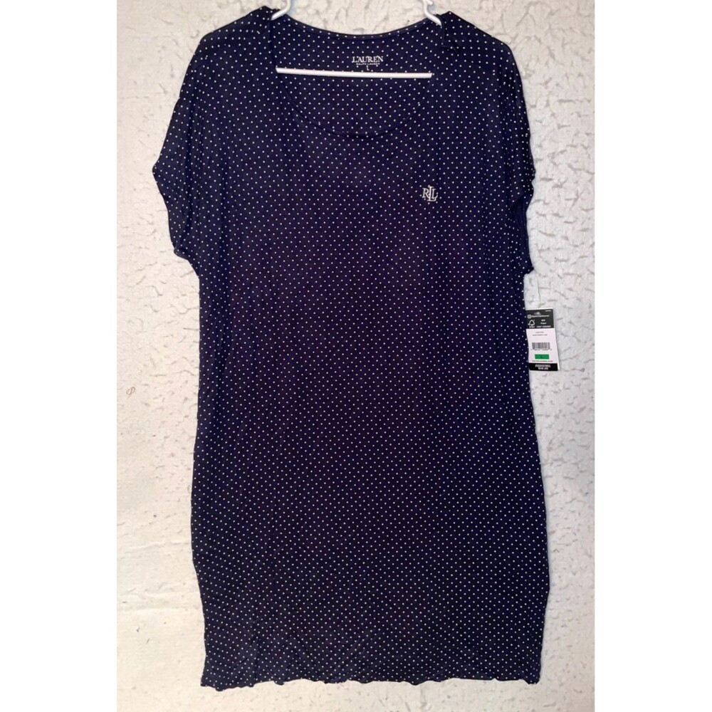 Lauren Ralph Lauren Navy Blue White Polka Dot Nightgown pj sz L Pockets Dress